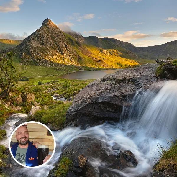 Rollo Reeder headshot on top of waterfall travel photo from England and Wales.
