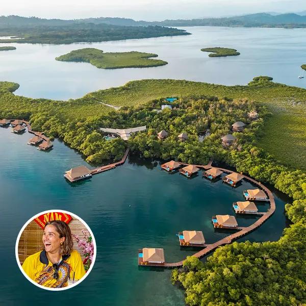 Shauna Pugliese headshot on top of travel photo of  water bungalows set above turquoise water from Costa Rica to Panama Multi Adventure.