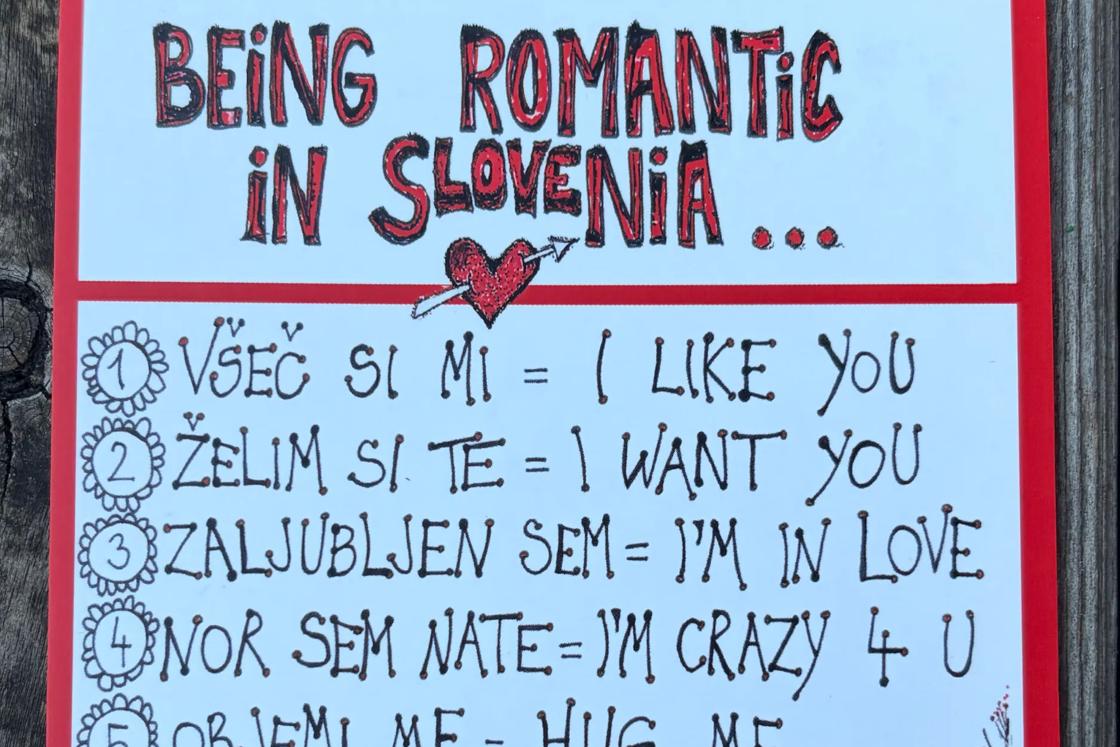 A sign showing how to say romantic phrases in Slovenian.