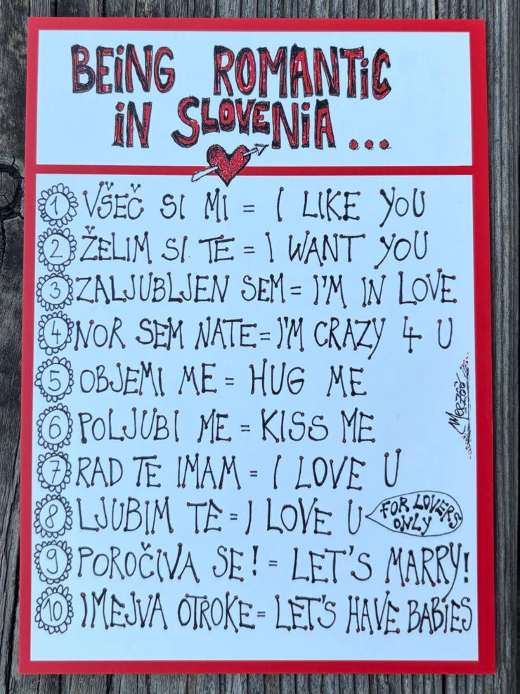 A sign showing how to say romantic phrases in Slovenian.