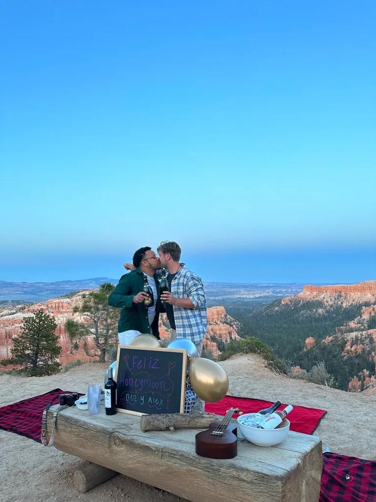 Backroads Trip Leader Ben and his new husband Alejandro celebrate on the rim of Bryce Canyon.