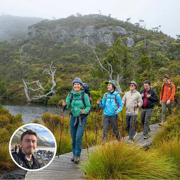 Joe McIlwraith headshot on top of a hiking travel photo from Tasmania Multi-Adventure Tour.