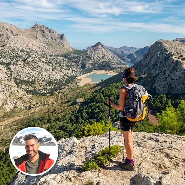 Miguel Angel Soto Ripolles headshot on top of a hiking travel photo from Mallorca Lodge-to-Lodge Hiking Tour.