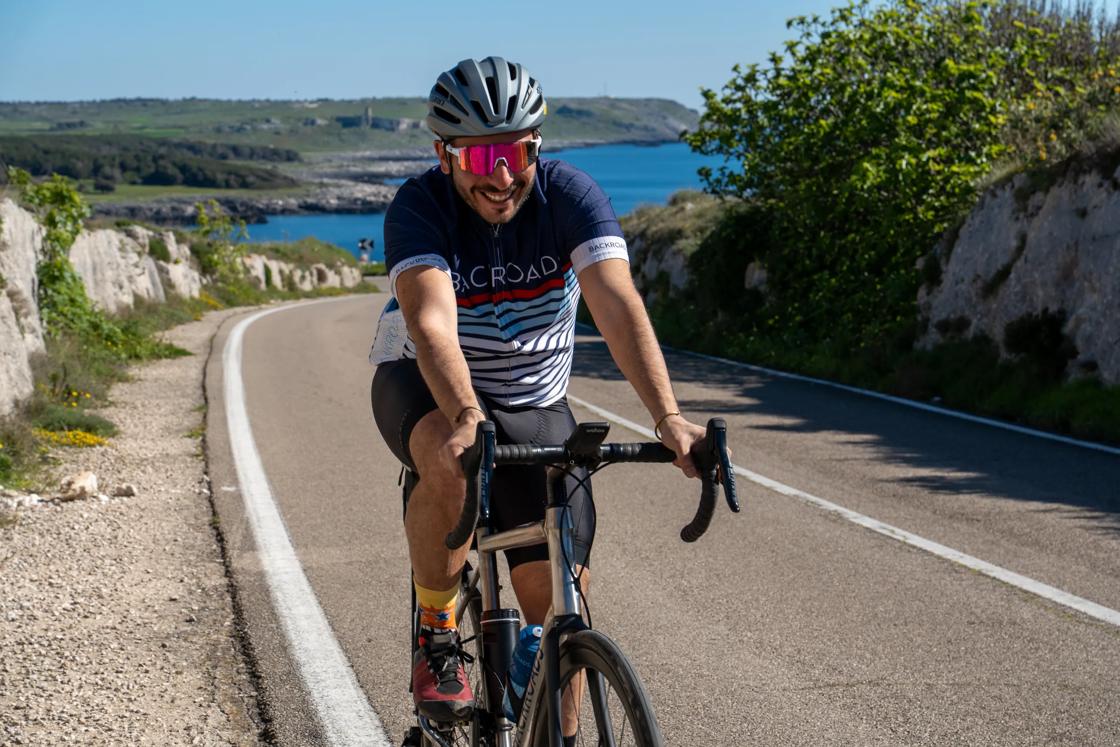 A Backroads rider in Puglia sporting full cycling gear.