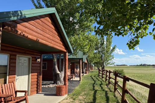 Custom-built log cabins at the Badlands Frontier Cabins located in Wall, South Dakota, near Badlands National Park.